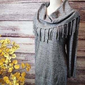 NOTATIONS GRAY MARBLED FRINGE COWL NECK 3/4 SLEEVE PULLOVER SWEATER